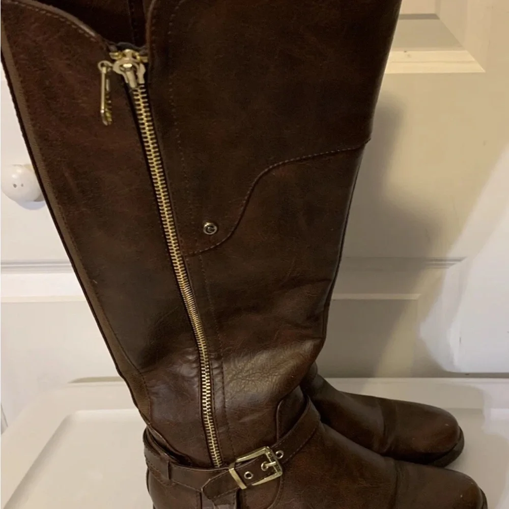 G by Guess womens sz 9M Dark Brown tall riding faux‎ leather buckle zip Boots